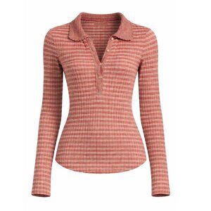 FREE PEOPLE Delilah Checker Polo Ribbed Knit LS Henley Neck Collar Women's Large